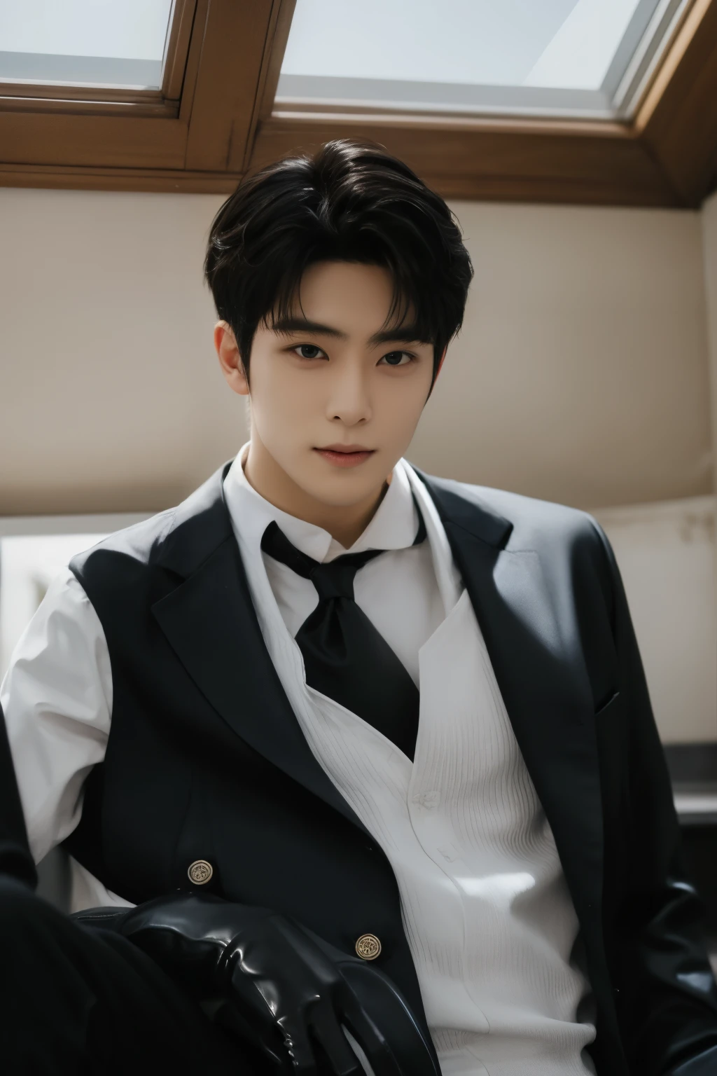 a slim muscular , Full body shot of a handsome K-pop male idol with tattoos is wearing a silk shirt and formal pants with a tie and leather gloves . lie down lean on in house attic. tempting . sexy . try to rape . realistic high quality . intricate detail face , ultra high res , uhd . Hyper-realism . glare in one's eyes . an insidious smile