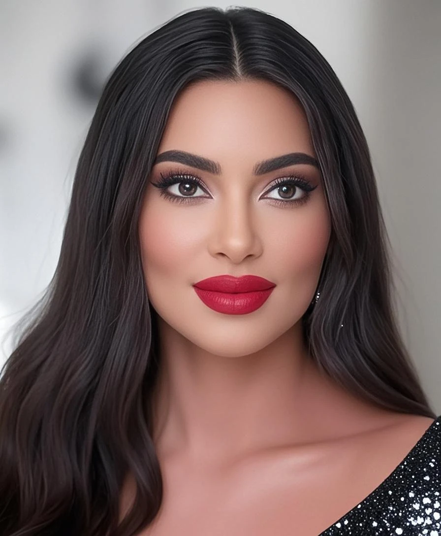 A photoreal close up of a stunning 28-year-old Latina model looking front, straight black hair, and striking [grey eyes]. Facing straight to the camera. Her beautiful lips with red lipstick accentuate her wheatish skin with light brown tone highlights. Dressed in a chic black top, the image should be full body shot, 8k hdr, high detailed, and focused on capturing her mesmerizing beauty, soft day lighting.