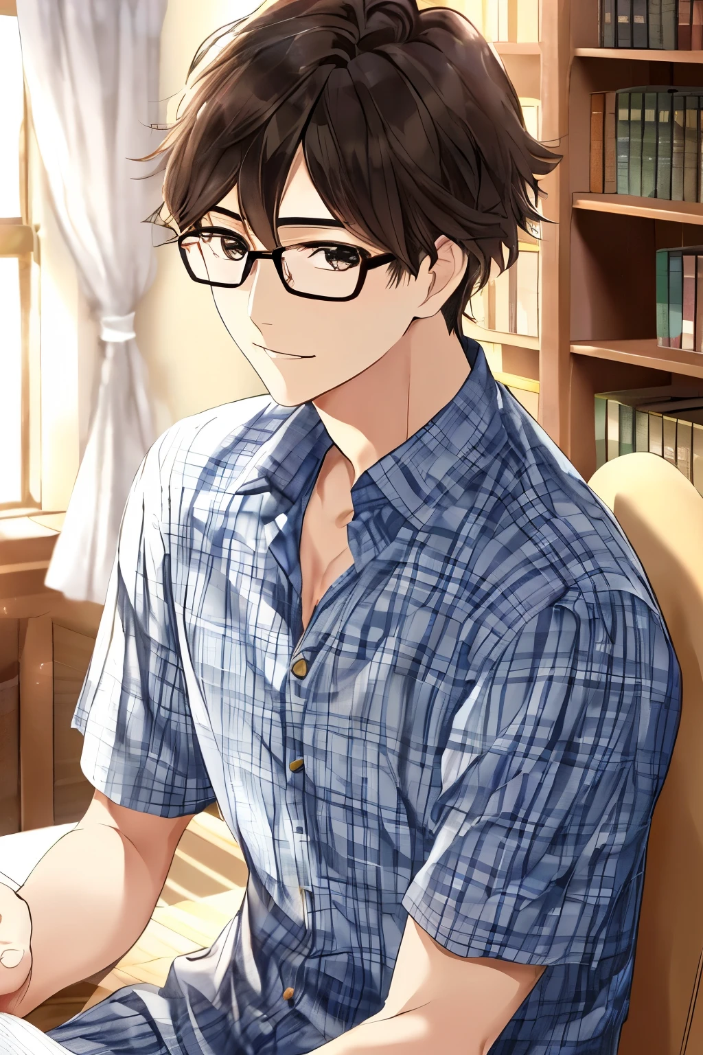 a gentle-looking man, short natural hair, wearing round glasses, calm and peaceful expression, soft lighting, casual pastel checkered shirt, seated in a room with bookshelves and curtains, anime style, medium close-up portrait, realistic manga-inspired style, natural background, clean shading, slightly blushed cheeks, friendly and approachable vibe