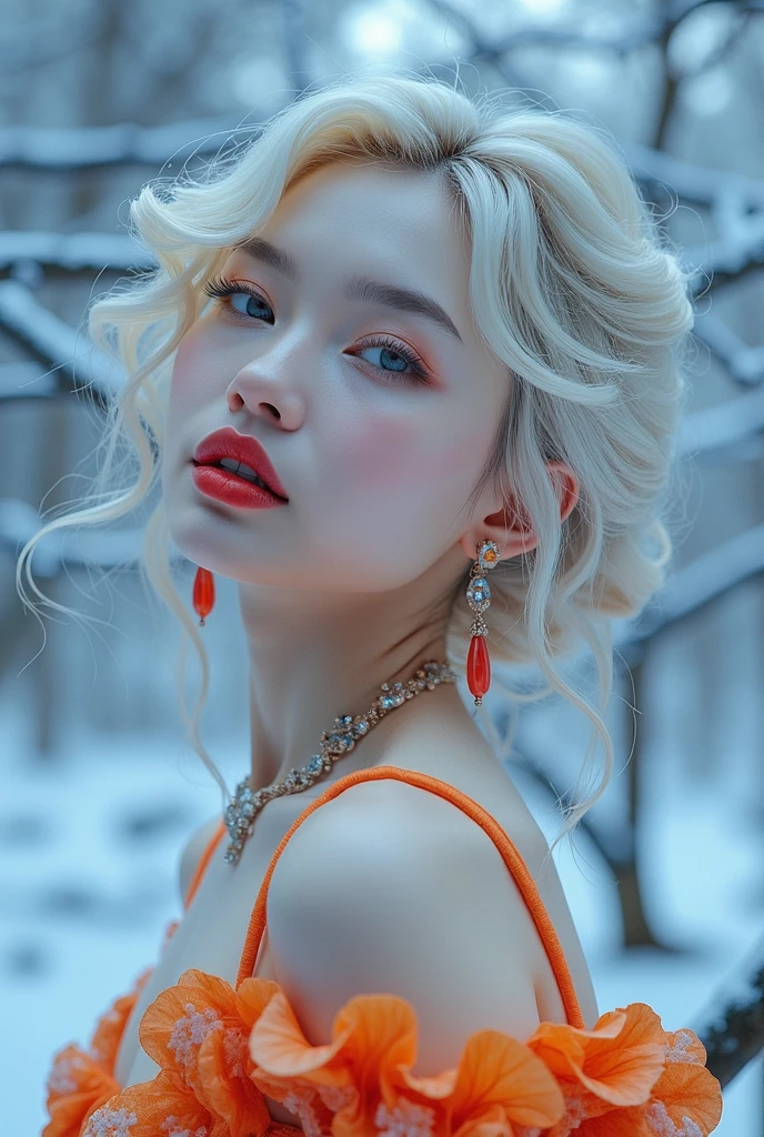 Beautiful girl college student,masterpiece,Light makeup,red lips,silver hair,messy long hair,street background,beautiful,grace。Super fine detail,work,Authentic texture,Realistic movie lighting,perfect work,8k,HD,Exquisite facial features,White skinny turtleneck top,White skinny shorts,slim figure,big bright eyes,,earring,necklace,Tattoos are, gigantic breasts and hourglass figure