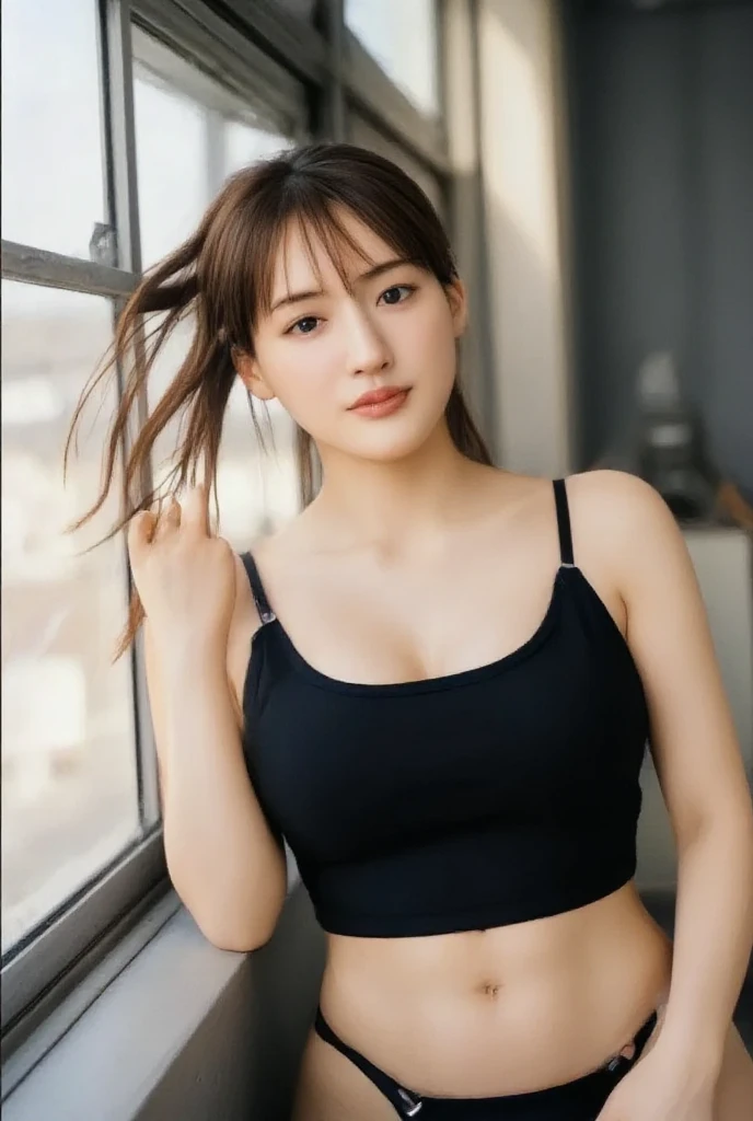 highest quality, Ultra-high resolution, (Realistic: 1.4), 1 girl, (Black Hair: 1), (Small breasts: 1.6), Gym Wear, exercise
