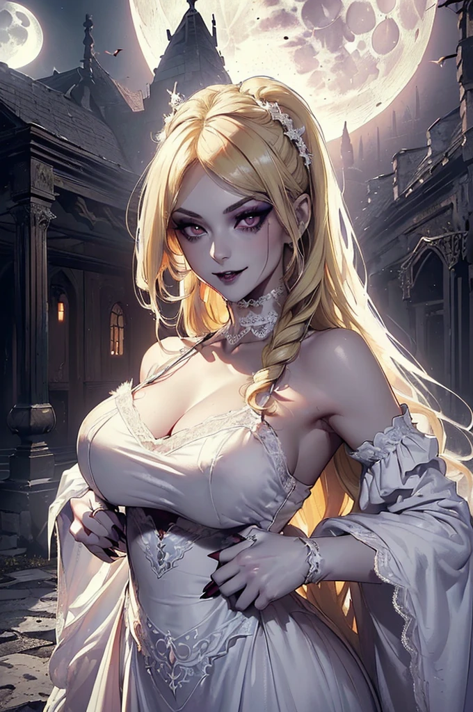 {-erro_de_anatomia:1.0} Moonlit night, sexy elf young victorian girl, very big breasts, white dress, victorian dress, sexy see-through underwear with lace, Beautiful Woman, happy face, gray hair, long hair, dancing ligthly ,1 girl