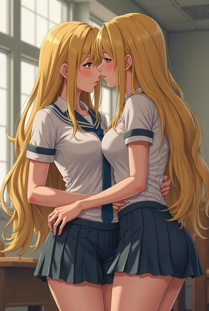 Grey background, (best quality), (masterpiece), ((prefect anatomy)), prefect cooperation, illustration, realistic, prefect lighting, ((clean and clean)), dynamic angle, absurdres, ((clean and clean)), <lyco:happy_kiss_v1-000012:0.9>, happy kiss, 2girls, couple, happiness, nice drawn nose
AND
((best quality)), (masterpiece), prefect lighting, ((clean and clean)), illustration, ((clean and clean)), high-res, 2girls, matured, happy kiss, <lora:bocchi_seikaijichi-11:0.65>, ijichi seika, yellow hair, ahoge, black shirt, striped pants, black footwear, choker, sexy
AND
((best quality)), (masterpiece), prefect lighting, ((clean and clean)), (extremely detailed), illustration, high-res, ((clean and clean)), 2girls, matured, happy kiss, <lora:bocchi_nijikaijichi-10:0.55>, nijichi nijika, side ponytail, school uniform, white shirt, red bow, long sleeves, happiness, [detail face description], prefect body, prefect drawn hands, advanced cg, amazing quality, octane rendering, huge file size, colorful contrast, focus kiss:1.3.
<lora:add_detail:0.8> <lora:rainbow:0.35>