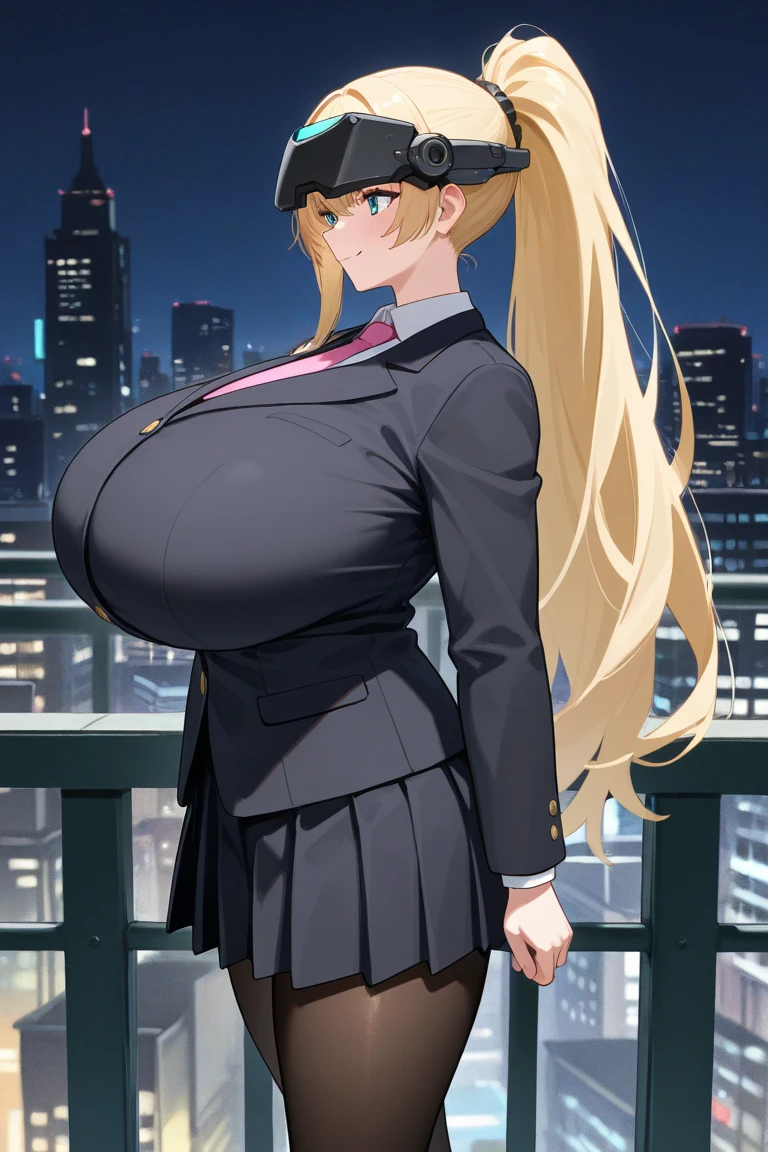 Shuz,1girl,solo,(hourglass body:1.3), (thin waist:1.3),(huge breasts:1.8),wide hips, (cleavage:1.3), nsfw, detailed formal suit and necktie, formal suit, dress shirt, detailed background, beautifully detailed jewelry, covered nipples, pencil dress, milf, mommy, cityscape, bare shoulders, blonde hair