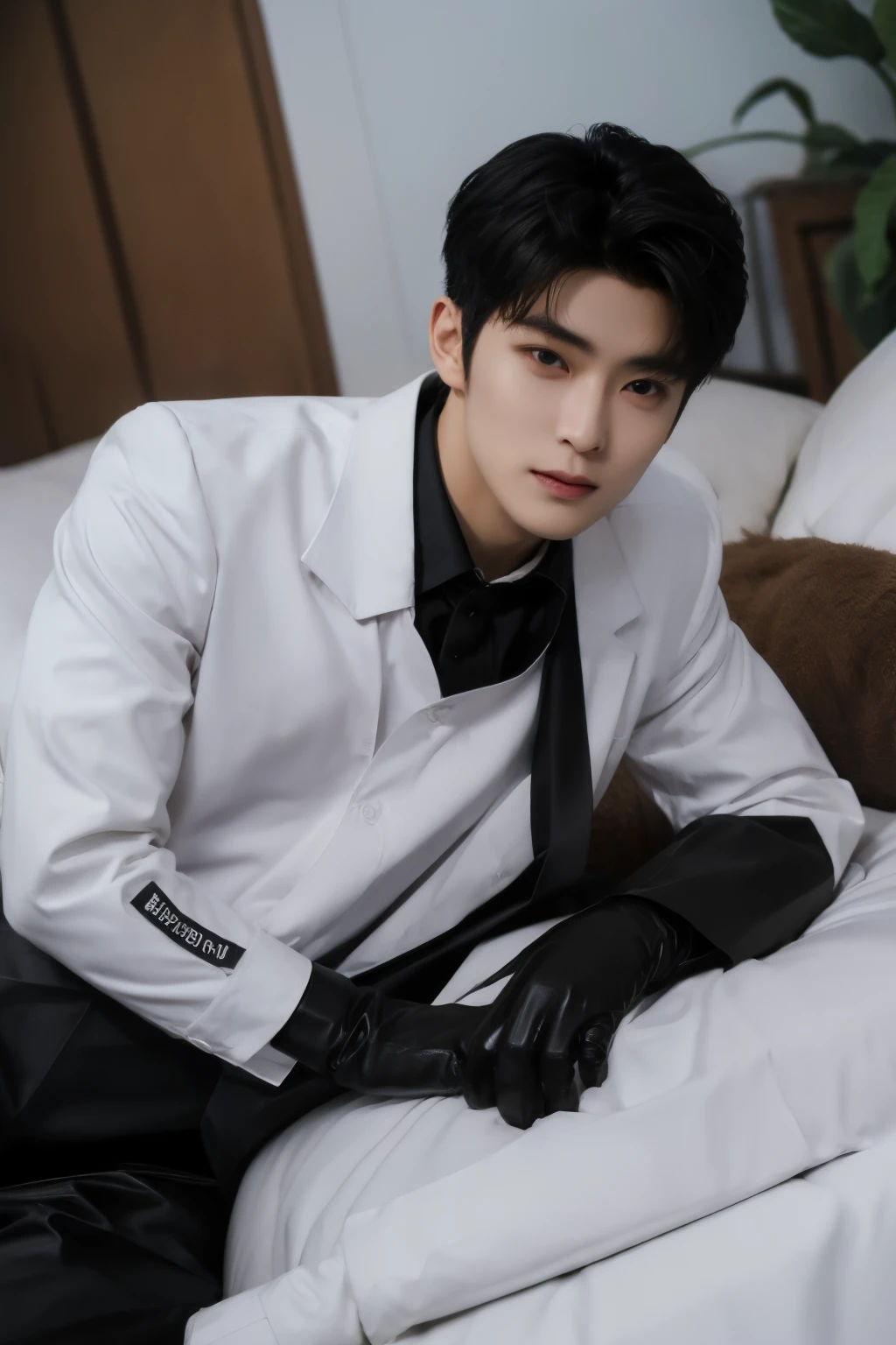 a slim muscular , Full body shot of a handsome K-pop male idol with tattoos is wearing a silk shirt and formal pants with a tie and leather gloves . lie down lean on in house attic. tempting . sexy . try to rape . realistic high quality . intricate detail face , ultra high res , uhd . Hyper-realism . glare in one's eyes . an insidious smile