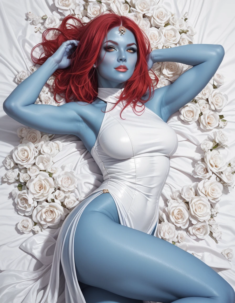 red-haired woman, detailed vibrant hair, expressive green eyes, flawless fair skin, soft pink lips, fashionable outfit, confident and elegant posture, surrounded by blooming flowers, natural sunlight illuminating her face, capturing her beauty in an oil painting style, high-resolution digital artwork, vivid colors, realistic details.