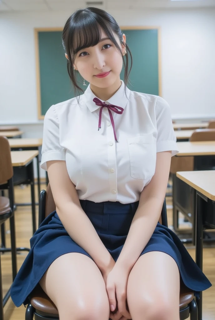 (Best Quality,8K,Raw photo,Realistic,High resolution:1.2),(cute Japanese girls),(Huge breasts:1.20),(Slim body、Naughty body),(Japan High School School Uniform、You can see the chest、The lines of the body are visible、Ultra mini skirt、I can see my panties)Low-rise panties,(school classrooms),(18year old、Idol)Squatting、M-shaped legs