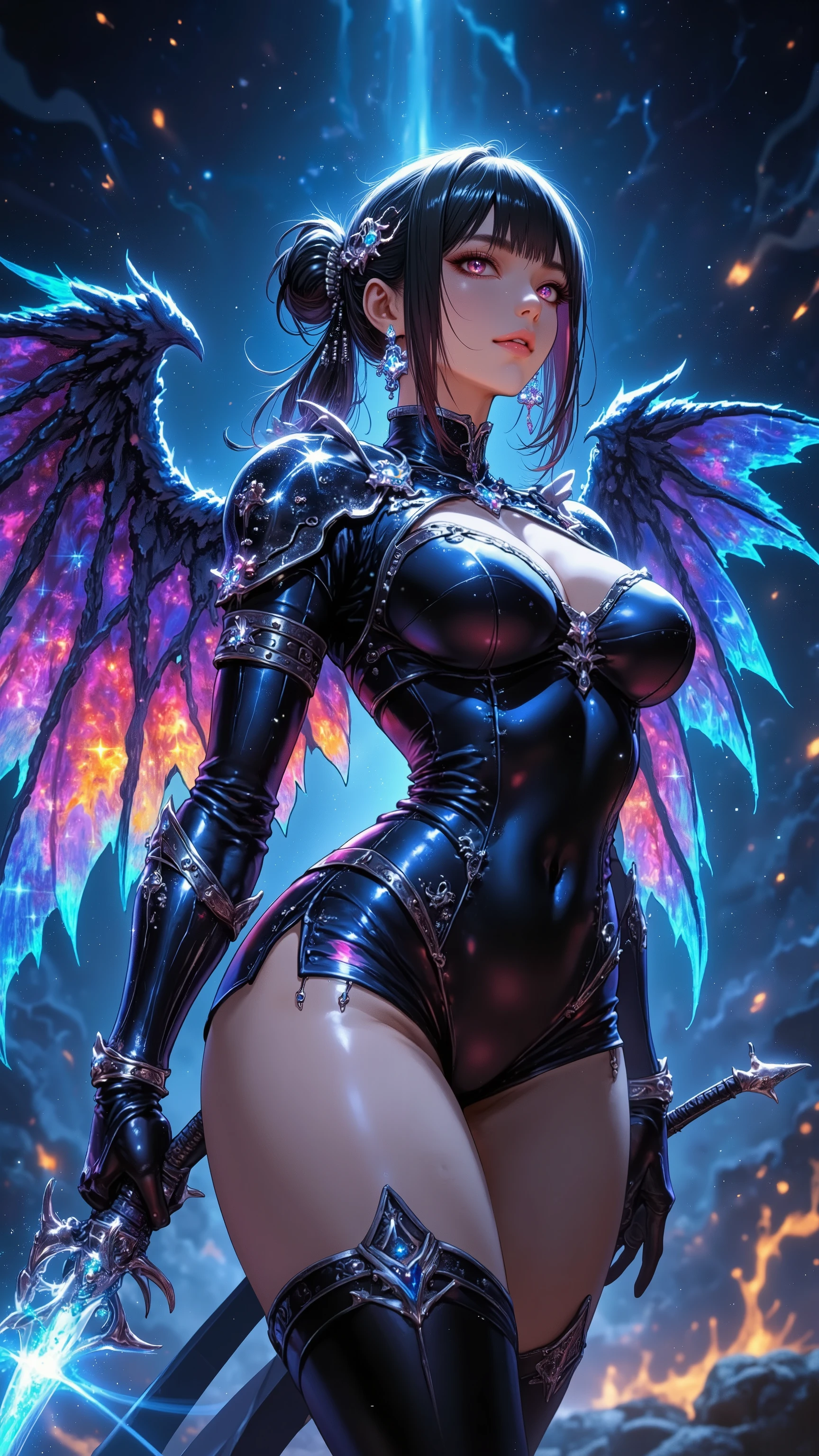 High quality,Best quality,Reality,Super realistic,Super detailed,masterpiece,high resolution,8k,Very real,Hellbringers,Red Eye,Crescent Moon,Hamburger,pumpkin,Close-up of a bat,一名持剑的女孩与vampire,Black cape,Bikini,Glitch Punk Girl,Pale milky porcelain skin,vampire,Smooth and transparent white skin,Thin legs,Small waist,Small buttocks,Broad shoulders,Beautiful clavicle,超Reality主义, Busty naked breasts,Upper body,穿着Bikini,Tattoo,Red eyes,Gothic art style,((Bat Wings)),史诗奇幻number艺术风格,贵族优雅的vampire女孩,Dan Mumford,Tom Bagshaw,Dark fantasy art,Epic fantasy art style,Dark fantasy art style,Epic fantasy art style高清,黑暗幻想number艺术,"Artistic image type:{ perched on top of cybernetics dragons, vampire少女调查下面广袤的网络大都会。Infused with neon lights,Revealing her technologically enhanced body,Embedded LEDs and retractable tech arms shine。She strikes a striking pose,Seems ready for action,A fusion of ancient legends and future visions},Perfect location,City view,(Vivid neon lights:1.5),(number:1.25),(4K:1.2). environment:City Panorama,Bats flying over the skyline,(whole body:1.8), magazine photography,A cute girl image,Popular on social platforms,((Dopamineism)),(((Dopamine color matching))),Dopamine,(in the style of Y2K),Luo Erchun,Three-dimensional ancient style,Oriental poetry and painting