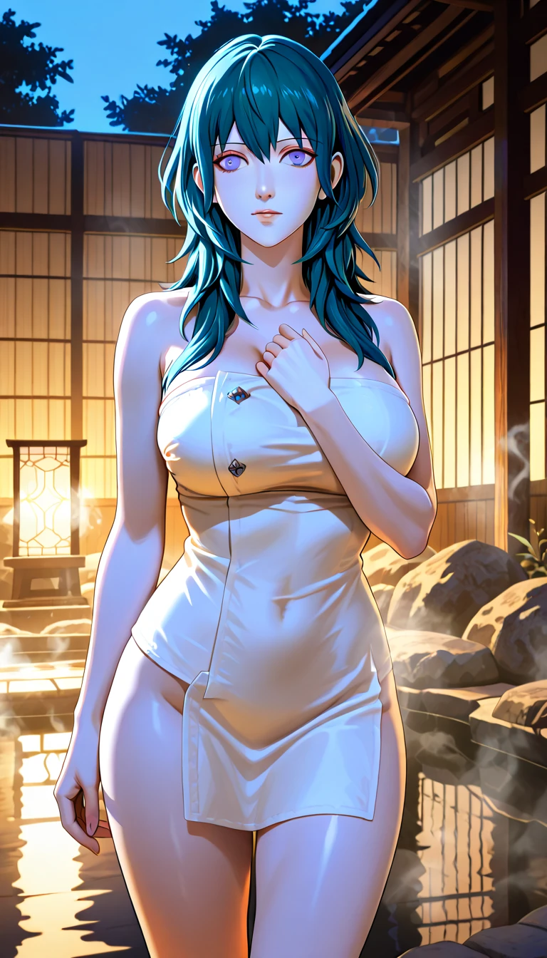 (best quality:1.2,ultra-detailed,realistic:1.37),Yamato with long, multicolor hair from One Piece, with small horns, enjoying a relaxing time in a traditional Japanese onsen. Yamato  depicted in a nude state, showcasing large and naturally-formed breasts. The artwork portrays attention to detail and realism, emphasizing the intricate textures and shading of the character's physique. The scene captures the essence of a tranquil onsen atmosphere, with steam rising in the background, illuminating the room with soft, natural light. The color palette  vibrant and complementary, enhancing the overall visual impact.