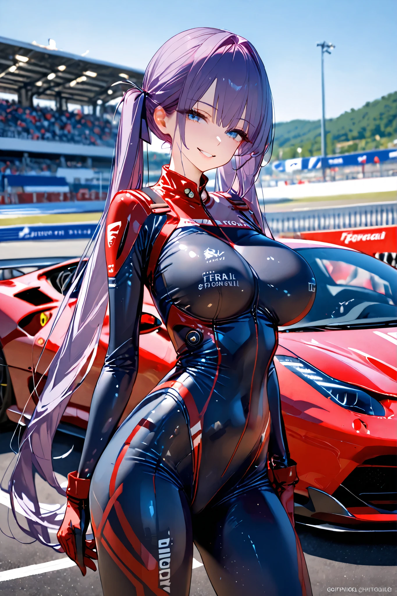 ⚡🌌✨🤖A semi-realistic ultra high quality image of a sexy sensual anime mechanic-girl standing in front of a Ferrari sport car in sexy sensual pose, wear a red mechanic-suit with text-sponsor, big breast, ultra tight suit, very long twintails Purple hair, looking the viewer, sensual face, female smile, amazing pretty lightblue eyes, outdoor, in background a car-circuit.