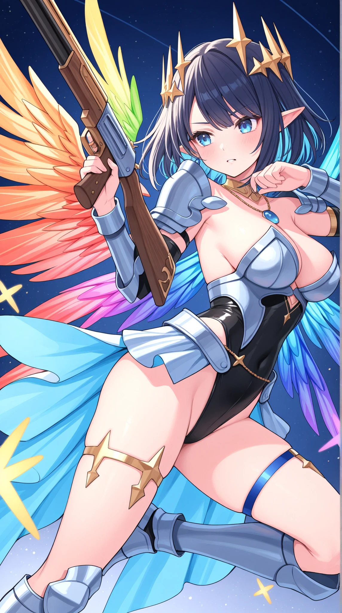 womanhood, super high leg cut, Leotard Armor, Colorful Asymmetric Wings, Starlight Garter Ring, Jewelry Upper Cuff,   quick action, 
