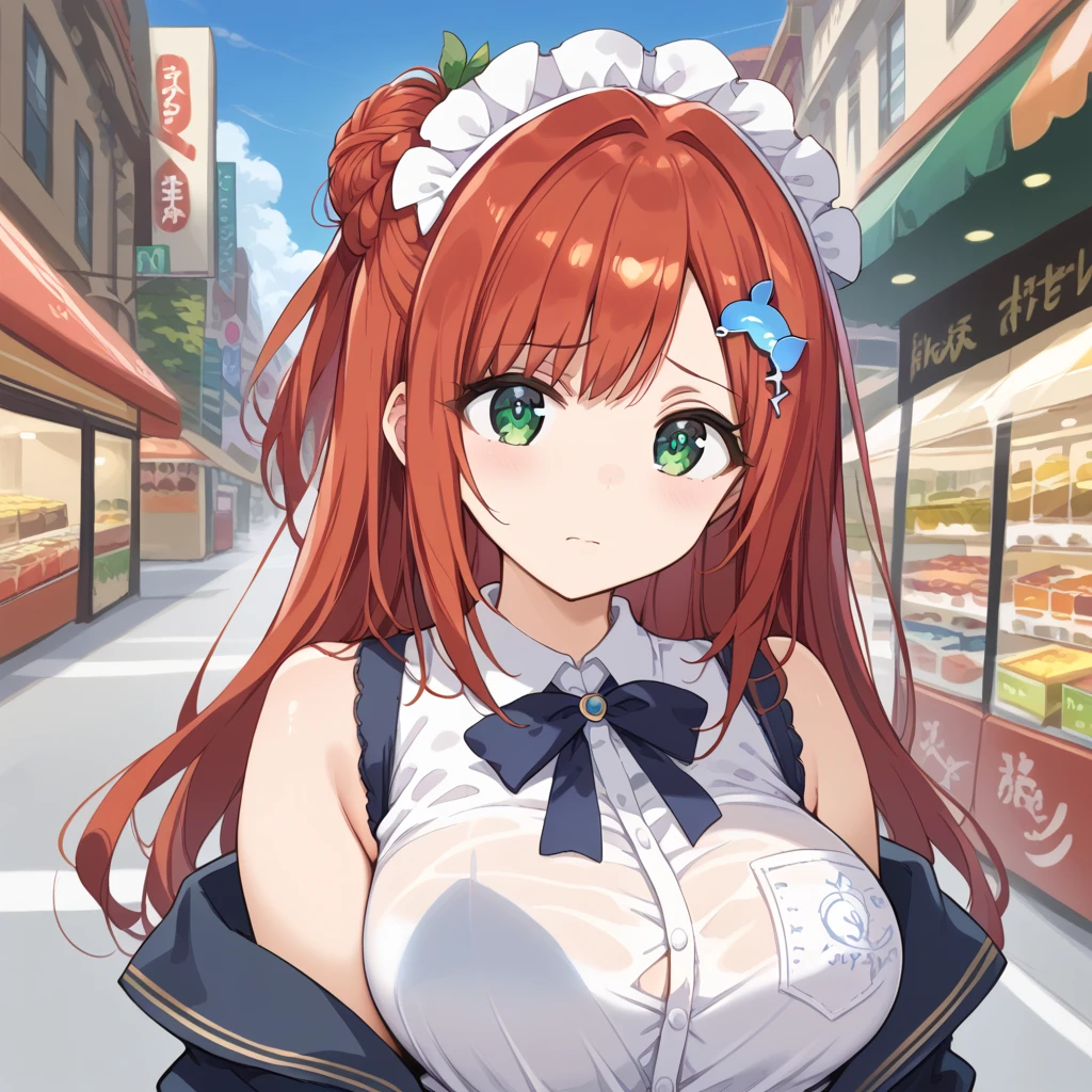 A woman with average height, with a curvy build; curly red hair; blue eyes; freckled face; a perpetually cheerful smile; soft breasts; at a farmer's market lustful expression; biting lower lip; wearing vintage clothing; soft blur background