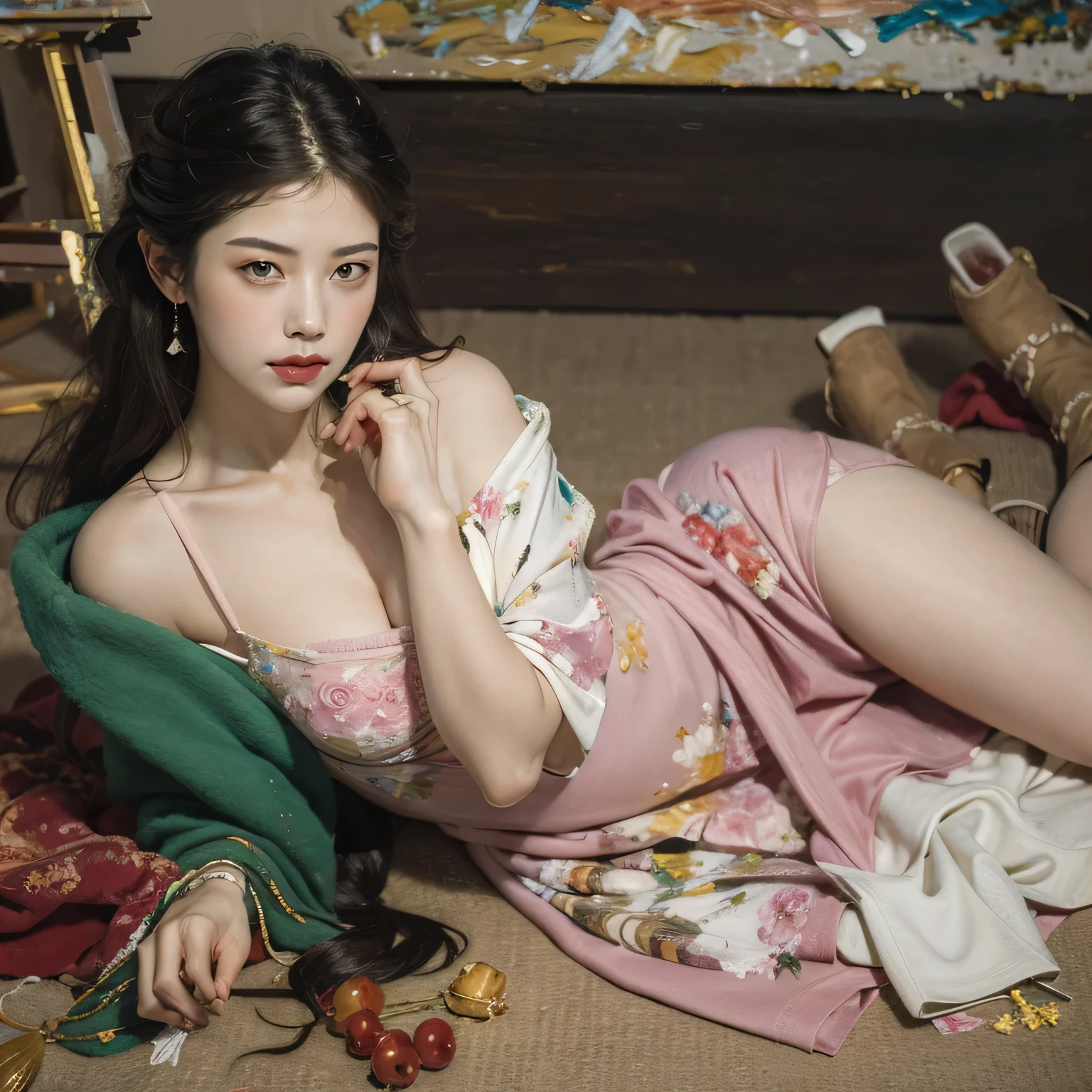 underwear,see-through,skirt,covered nippleasterpiece, best quality:1.2), 1girl, solo, ((bare shoulders)), (actual:1.37), ((lying on a beach)), ((Bird&#39;s eye view shot)), Sweet maiden, beautiful妆容, Exquisite makeup, Extremely beautiful eyes, long hair, curls, slim body, big breasts, cleavage, Sexy slender legs, The skirt is short, Leaking sexy legs, elegant posture, best quality, correct, correct的手, correct的腿, 解剖学correct, official art, complex, detail的脸, detail, lifelike, Very detailed, amazing, beautiful, Young and energetic, Charming model, Meticulous CG Uniform 8k wallpaper
