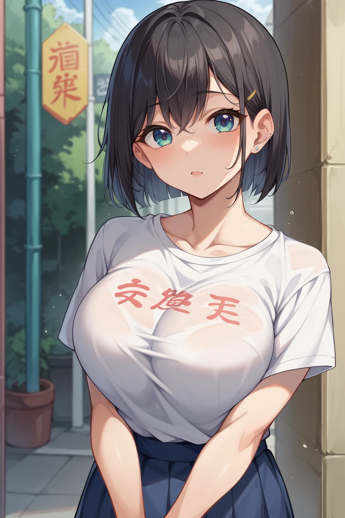 amamitsuki, nsfw, masterpiece, ponytail, 1 girl, erect nipples, intricately detailed, topless, navel, bare shoulders, necklace, erect nipples, puffy nipples, black hair, dolphin shorts, raining, bus stop, shed, mountain, outdoors, flowers, wet, wet body, Blue sky, extremely detailed, cg masterpiece, bare breasts, nipples, blue eyes, bare stomach, side swept bangs, sweaty, small breasts, arm strap, pale skin, smiling, flat colored, side bangs, woodblock painting style, huge nipples