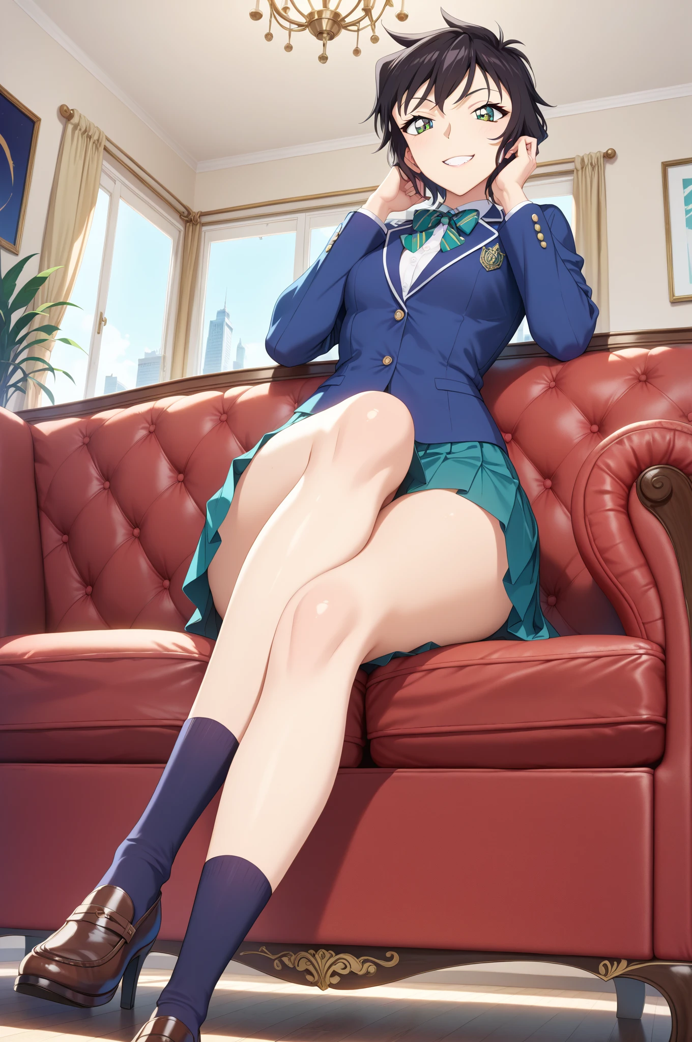 An Asian girl, sitting on the building, was surrounded by tiny people, the tiny people climb her socks, the Asian girl holding some tiny people with her hand and looking at them, she has warm-white skin colour, long brown hair colour green eyes colour She is wearing Japanese High-school uniform and she wearing  a pair of long black socks, (size difference),  (giantess), (masterpiece),(appropriate), (details),(anime realistic),(smile),(scornful look)