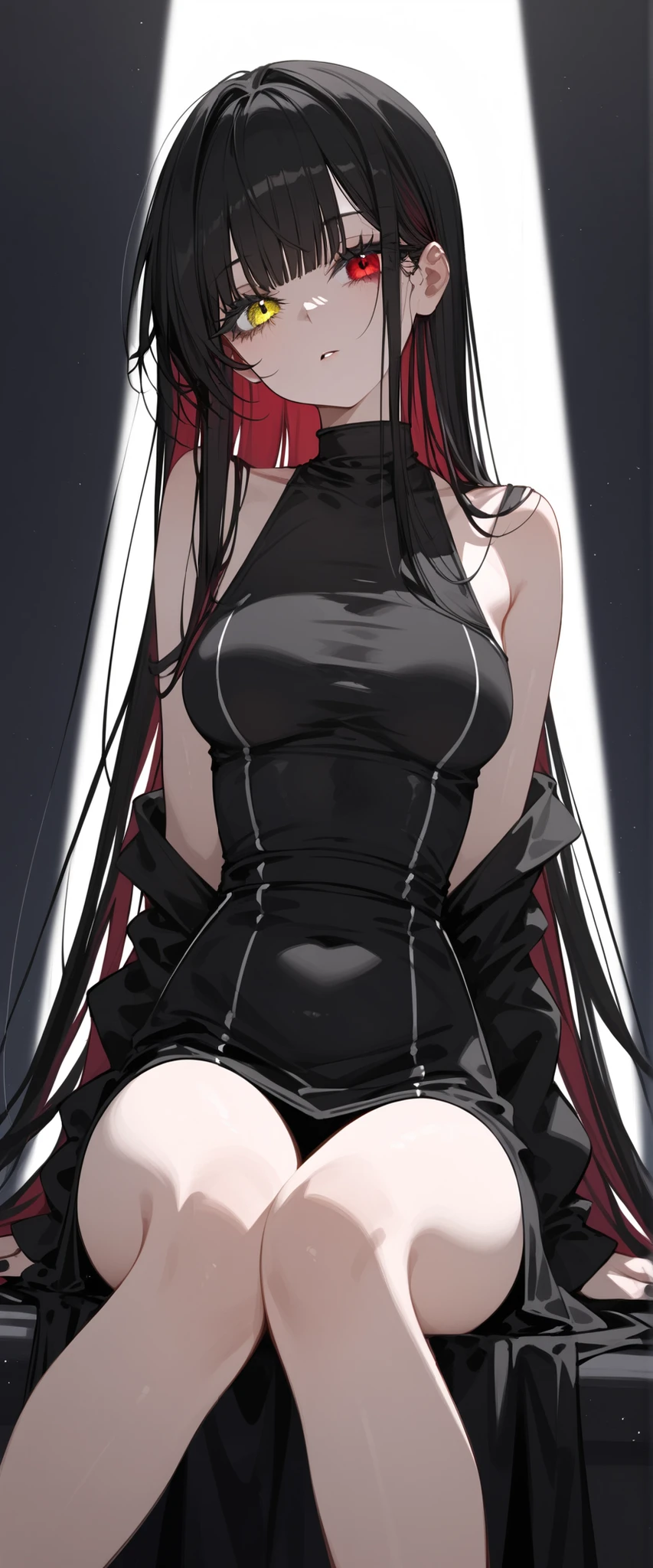 best quality, 1girl, cool, two tone colors black on the outside of the hair red hair inside, standing, fullbody, toe, blunt bangs, shaggy cut