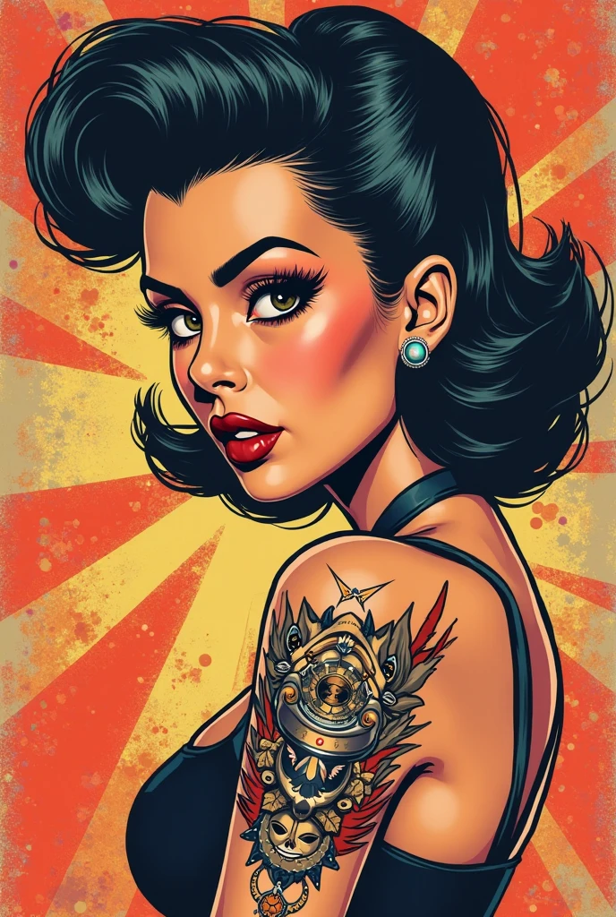 Flyer, woman in swimsuit, Mexican decoration, Satan,
vector flat, gold, black, 
Aaron Horkey, 
masterpiece, ultra high res, high quality,