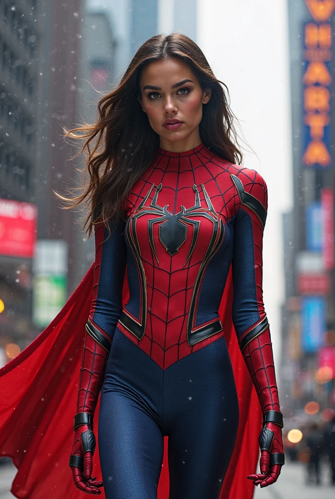 Anne Hathaway、マーベル・コミック映画のPoster, Very beautiful, Movies about Spiderman, sexy, whole body, I'm wearing a skirt、Premiere date, Poster、belly buttonを突き出す、new york、She's wearing a torn Spider-Man suit,The suit is torn、Wearing a skirt、 Red and black color scheme,dynamic、masterpiece、highest quality、Ultra-detailed、Very detailed、A delicate and beautiful shine、超A high resolution、Cinematic,Break,Breakdrop,(Torn clothes:1.5), (Wet clothes:1.4), Bare shoulders,Real Rain,Wet Hair,belly button、Exposing Skin、sexyな肩を見せてる