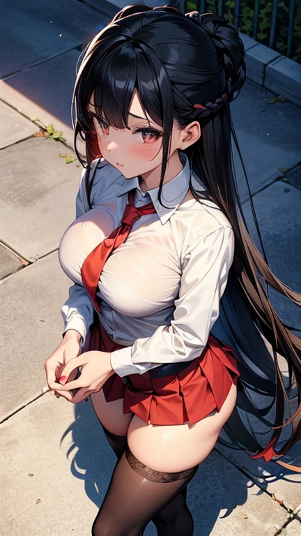 masterpiece, best quality, very aesthetic, absurdres, 1girl, mature_lady,huge oversize , grabbing own breasts,embarrassed,blush,tears in eyes, sweat,(Cum on breasts), ,tohsaka_rin, fate/stay_night, fate_(series), 1girl, aqua_eyes, black_hair, two_side_up, long_hair,black hair_ribbon,  cross_print,red_sweater,turtleneck_sweater, black_skirt,  miniskirt, pleated_skirt, black_thighhighs,zettai_ryouiki,,in a plaza,floating_hair,