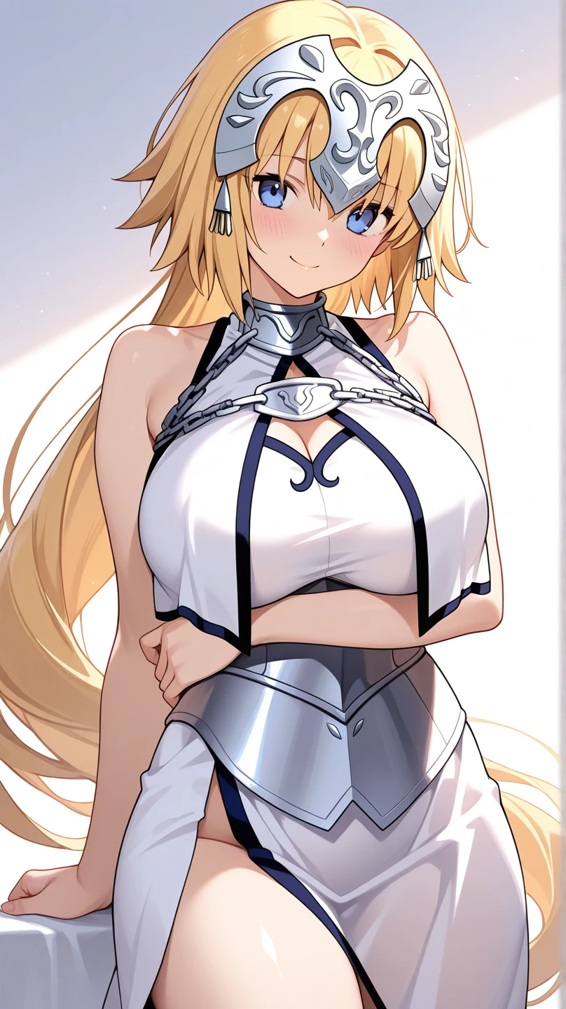(masterpiece, best quality:1.2), 1girl, solo, blond hair, blue hairband, blue hair ribbon on the left, white-blue breast, black gloves, knight skirt, Solid color background