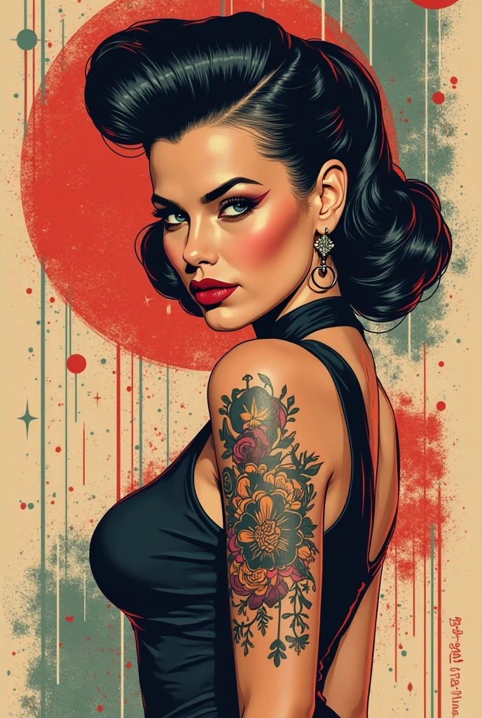 Rev animated Woman with short black Pixie hair, tattooed, slim, sexy face drawing, light skinned brunette, black gown, smoking a cigarette


