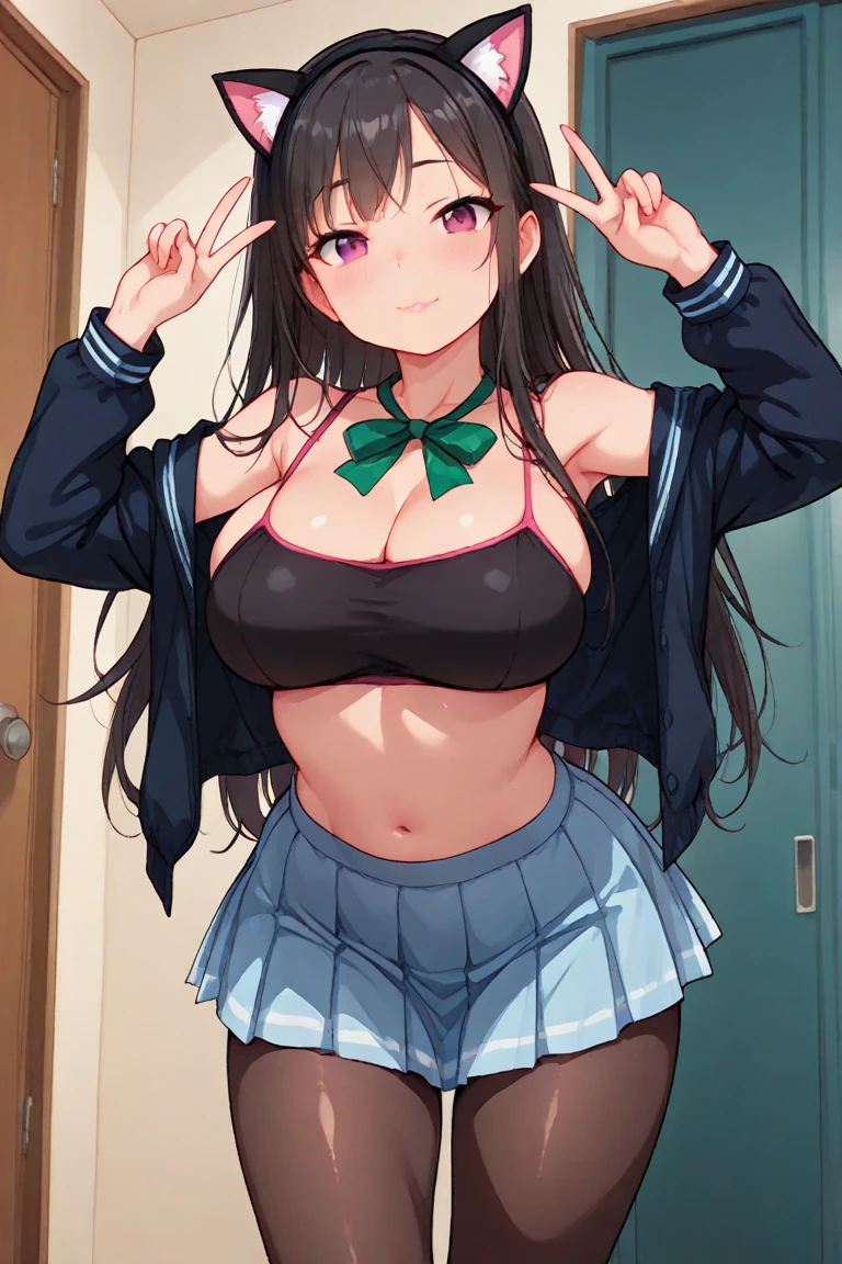 ((masutepiece, Best Quality)), ((hight resolution)), (photos realistic), Best Shadow, high detailing, Very detailed, (nice hand, Perfect hands), (Face Focus:1.2), ((1girl)), Beautiful Girl, 17 years old, blue eyes, (black long Hair:1.5), (big breasts:1.3), (Smile:1.3), Glossy white skin, (view from below:1.3), (Very slender:1.3), (Cute face:1.3), (look at viewer:1.4), detailed facial features,droopy eyes, Crisp focus, perfect beautiful body and face, Perfectly focused, (standing:1.4), Long bangs, (in the classroom:1.4), ((highschool girl:1.4)), ((black mini skirt:1.3) ((skirt lift:1.3)), (smile), (g-string:1.3), (underboob), nsfw