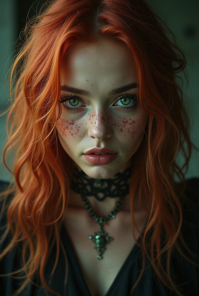 A woman in her 20s, looking at the camera, she has freckles, green eyes, she has Lush redhead hair, tttattoo, wearing a gothgal outfit, hyperdetailed, hyperrealism, detailed skin texture, ((best quality)), ((masterpiece)), (detailed), 8k uhd, Nikon 70d, ISO200, F/2.8, 1/25sec, 70mm, ((fantasy realistic background:1.2))