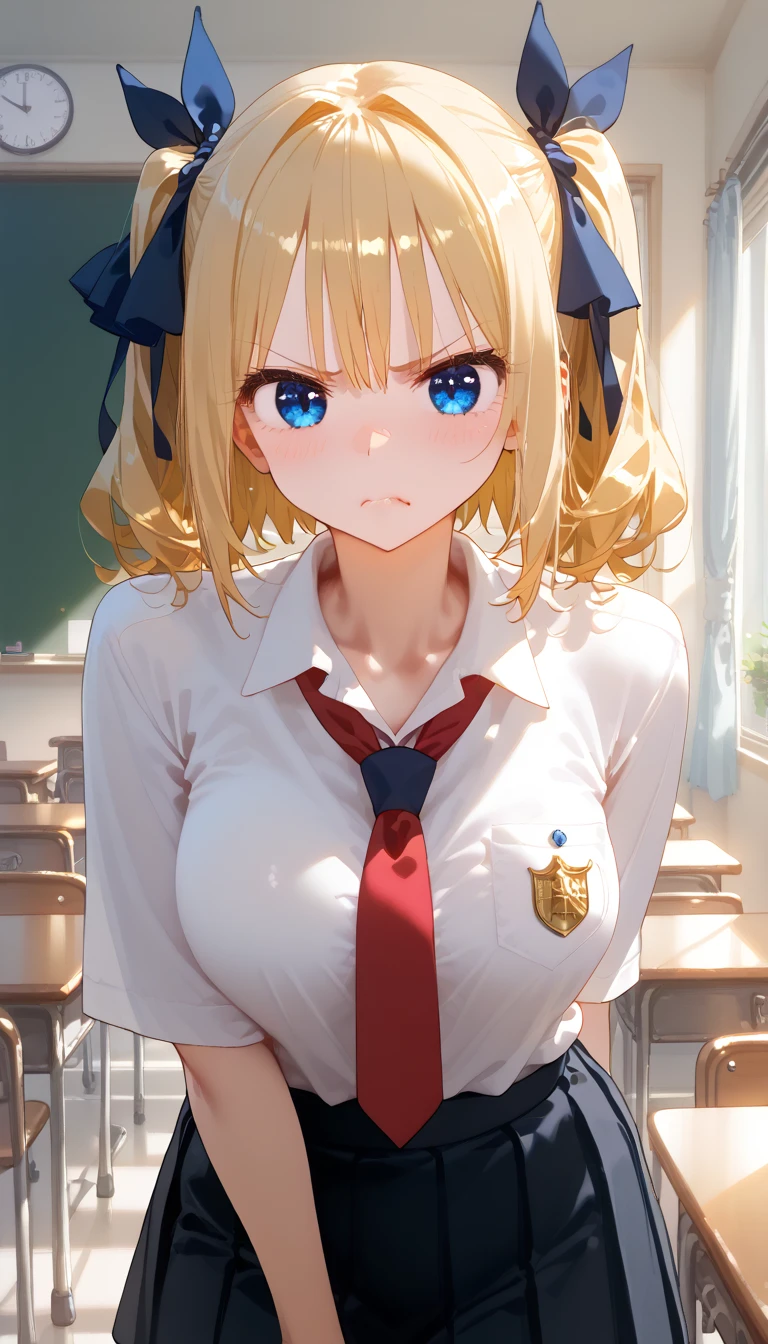 masterpiece, absurdres, best quality, ultra detailed, high Resolution, detailed illustration, extremely beautiful detailed face and eyes, bright colour, 1girl, (loli), cute face, Delicate beautiful face, magenta eyes, cute eyes, sparkling eyes, big eyes, medium breasts, (perky breasts:1.1), (pointy breasts:1.1), medium hips, glamorous body, white skin, happy, BREAK, long bob cut, (blonde hair:0.8), messy hair, detailed hair, shiny hair, BREAK Kyudo uniform, tiny ribbon, Kyudo hall, High school student club activities, real world, natural lights, perfect lighting,