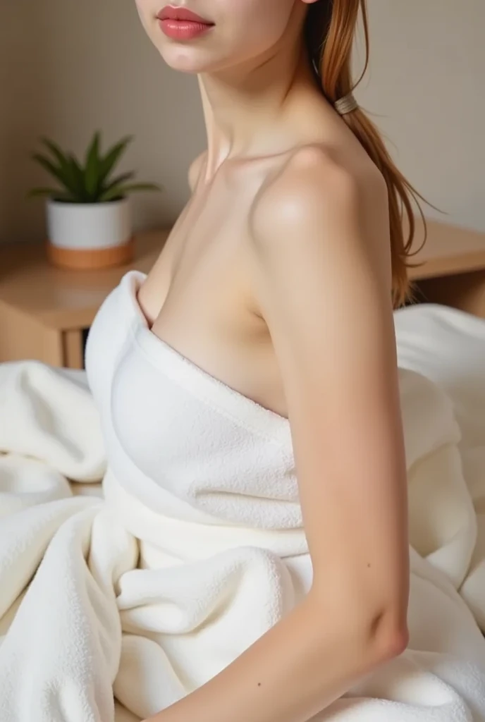 Woman wearing light blanket top, natural sunlight, close-up, light colors, bokeh style, super fine detail style, high quality photo, in bedroom