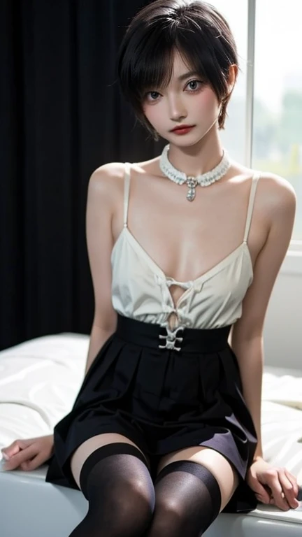 (Sillamäe:1.5), A slender, ​masterpiece, top-quality, Raw foto, Photorealsitic, faces, Incredibly absurd, beautiful a girl, cute little,Short messy hair, depth of fields, hight resolution, ultra-detailliert, finely detail, ighly detailed, extremely detailed eye and face, Sharp pupils, Realistic pupils, foco nítido, Cinematic lighting,A 12-year-old girl、((Very sexy Akihabara maid outfit、Maid Headdress))、Lifting the hem of her skirt with both hands to show her panties