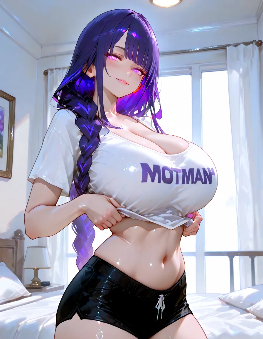 huge breasts pale skin very long hair black hair yellow eyes sad blushing solo frown very long hair very long hair leggings tight tshirt long sleeves
