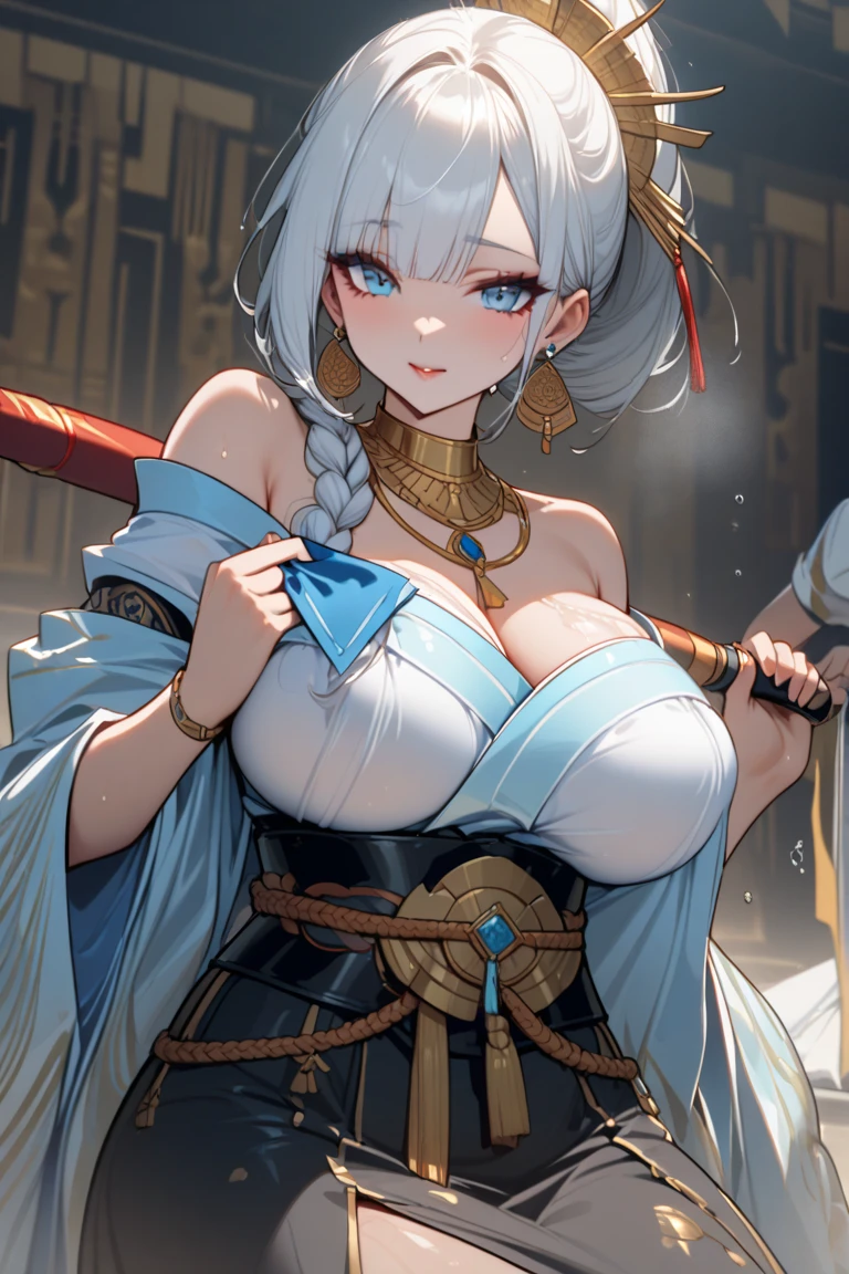 CGSetsoty Trends、Fantasyart、beautiful character painting、((Luxurious decoration、Luxurious interior、ue、antique))、Full body Wuxia、epic exquisite character art、Stunning character art、Beautuful Women、(((beautiful and very large udder、Chest about to burst、1 girl、Soio、One lady、hide one eye,Outer silver hair、Blue hair inside)))
