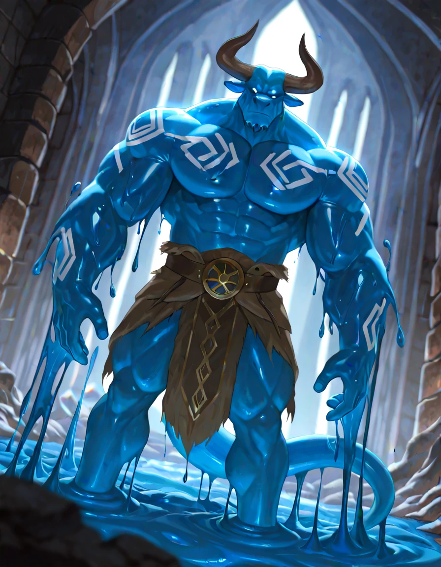 White unicorn, blue long hair, male focus, belly, fat, black underwear, detailed bulge, nipples, generating powers, fantasy, 80 fantasy movie