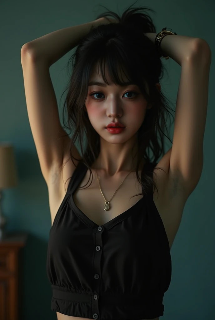 Hot exotic indonesian Girl with arms strechcing and armpits exposed above her head.