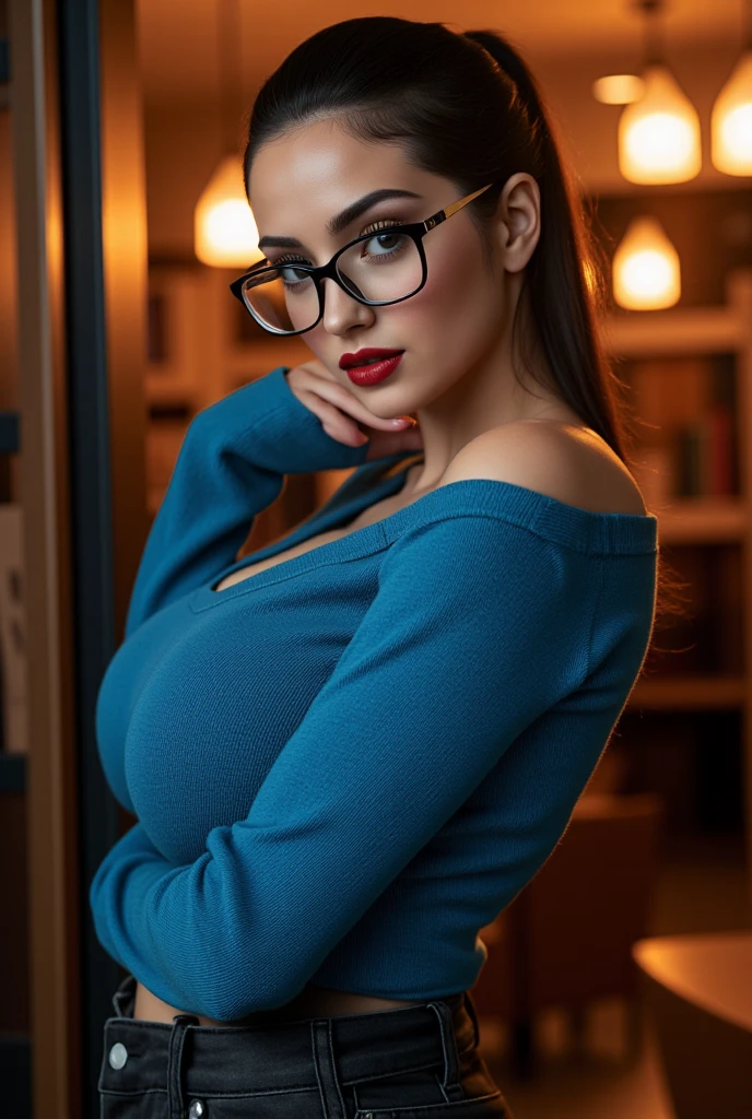 European woman, 30 years old, There is an adult woman putting off a police officer, in changing room, room, blue shirt, police emblem, glasses, Dark hair, red lips, Eye shadow, slutty makeup, Ponytail, beautiful chest, big breasts,Second Life Avatar, Beautiful screenshot, Second Life, attractive woman, high quality, highly detailed skin