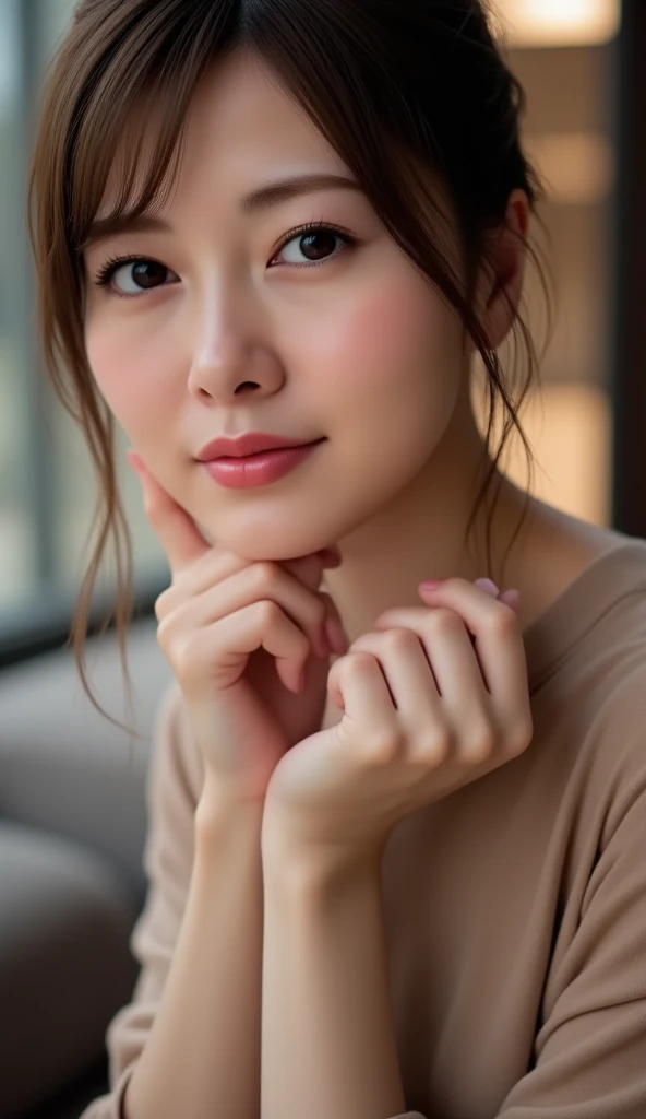 Placing hand on cheek, look up, A close-up of your face、5 biologically correct fingers、Cleavage、Realistic, Real person, (青whiteい肌: 1.2), RAW Photos, Realistic, Glowing Skin, Shiny Hair、(A 2 woman with medium-length hair and bangs) and (Wavy Hair) and (Brown Hair) and (Orange eyes) , (Sundress:1.3) and (white) 、(blush, Grin:1.3), Open your mouth, The background is the living room、alone、Are standing