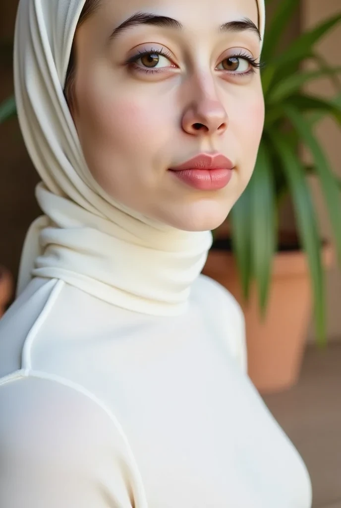 The most pretty muslimah with beautiful cheeks wears white zebra print lycra turtleneck unitard catsuit and white zebra print lycra hijab