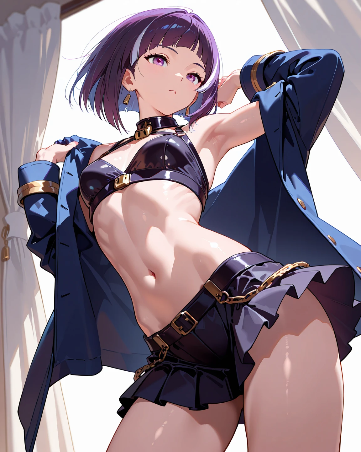 Black Hair, Sideburns, Short Bob, Straight Hair, chest, Crescent-shaped earrings, Purple eyes, Bright Eyes, smile, One girl, smile,Textured skin, Thin legs、high school girl、