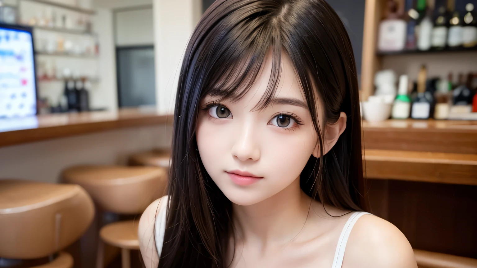 (highest quality,masterpiece:1.3,超A high resolution,),(Ultra-detailed,Caustics),(Photorealistic:1.4,RAW shooting,)Ultra-Realistic Capture,Very detailed,High resolution 16K human skin closeup。 The skin texture is natural、,Pores、It must be detailed enough to be easily identifiable.。 Skin should look healthy and have an even tone。 Use natural light and color,restaurant,Deep V-neck waitress uniform,1 girl,Japanese,18-year-old,cute,Black-haired,Mid-length hair,(Large Breasts:1.2),smile,Turn your body forward,(View from the front:1.2),Looking into the camera,Bust up shot:1.1,focused on the chest:1.1,Chest close-up:1.1