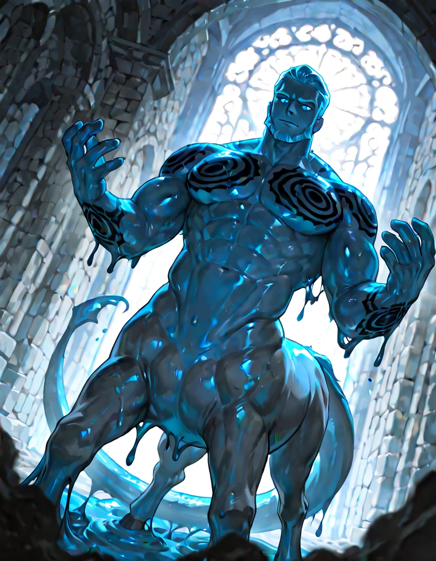 Top quality, Photorealistic, 16K, High Definition, Unity 16K wallpaper, high res, ultra sharp, masterpiece, ((masterpiece)), best quality, expressive eyes, perfect face, Super eyes, masterpiece, highly detailed exquisite character art, epic fantasy digital art style, detailed digital 3D fantasy art, ultra-realistic, male, male chubby slime body, slime male, (((natural light))) large slime, plumped pectorals, flat crotch, transparent skin, teal blushing, slimy skin, liquid slime male, white blushing, ((alpha male)), dominate, alpha, Neon ((Blue skin Slime Body)) soaked, liquid, tendrils, light blue sticky slime, thighs, Slime covered slime body, slime cloak, ((slime tentacles)), gay, yaoi, male slime man, slime bodybuilder, masculine, ((reflective skin)) ((glowing)) (((God Rays))), slimes, translucent skin, water drop, bubble,