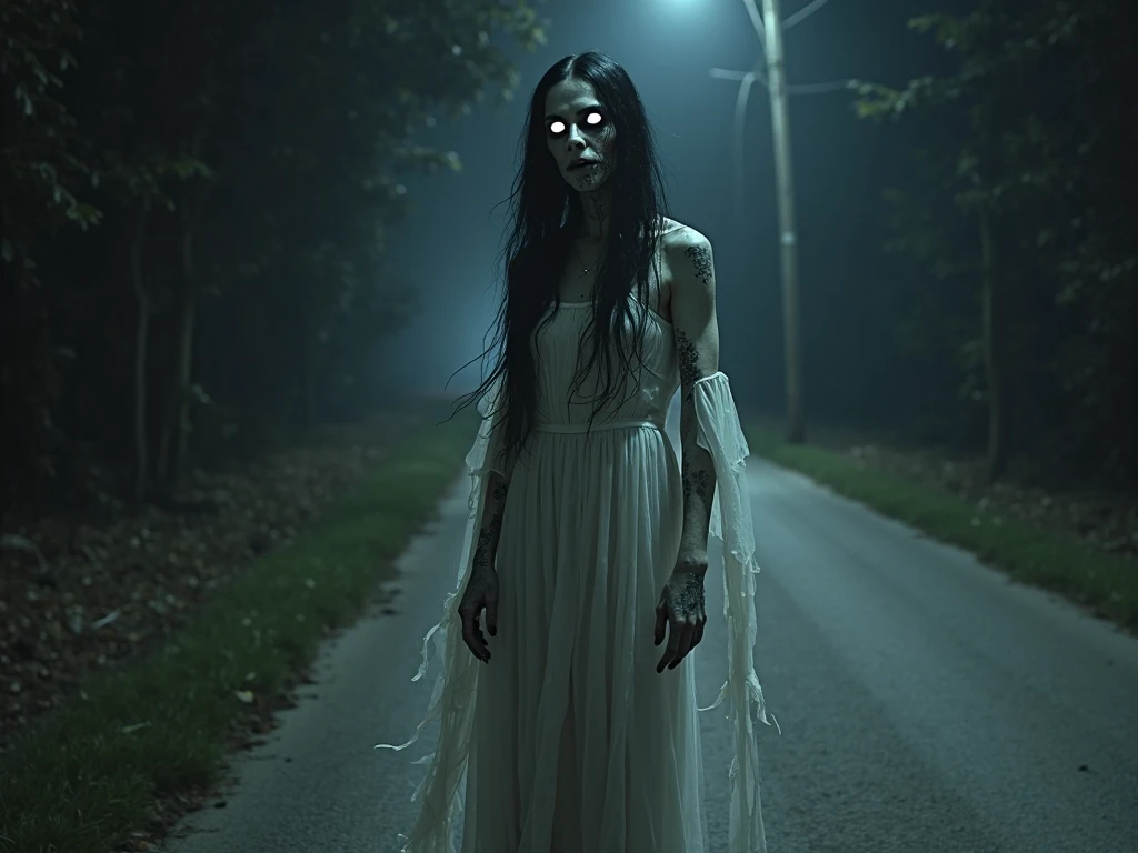 low angle camera shot. she is floating in the air at the old road, a scary, eerie, bloody zombie face Malay woman, very long hair ((20 feet long)) covered face, looking at the camera, creepy face. pale skin, long white slubby dress, torn, dirty. Background of gloomy dark night in the lonely old streets in the middle of a jungle. low light. dramatic sky. cinematic shots. horror film still