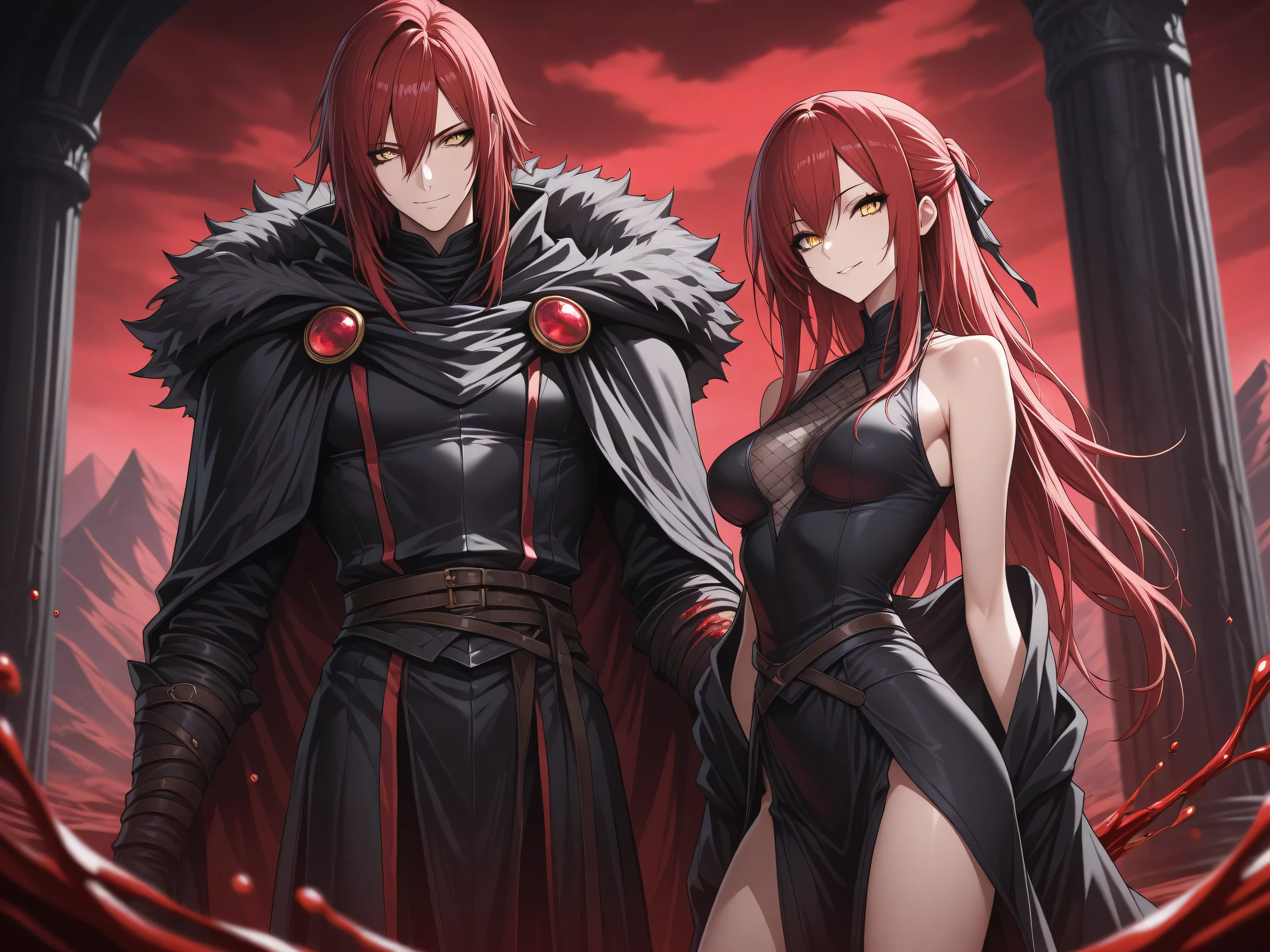 (EyesHD:1.2), masterpiece, best quality, ultra-detailed, very aesthetic, sharp focus, depth of field, vibrant colors, ray tracing, best lighting, detailed illustration, detailed background, cinematic, beautiful face, beautiful eyes, 1 girl , golden eyes , very long hair , long sidelocks, red hair ,half updo, petite , very cute , beautiful ,Straight hair, cool, handsome, hair between eyes, sexy, medium breasts , (fantasy mountain background; raining blood:1.2), (medieval fantasy sorcerer robes; dark clothes, sleeveless:1.3), seductive smile, standing up, (hauntingly beautiful, seductive:1.2), vertical pupils, black eyeliner, skinny, black wolf pelt cape, blood mage, giant pillar of blood raining down from the sky, enormous quantity of blood, blood magic, conjuring blood magic, destructive magic, storm of blood, blood veins falling from the sky, rivers of blood falling from the sky, everything destroyed and covered in blood