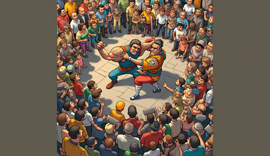 Generate an image in front of me with a cartoon-style audience watching wrestling, taking pictures, raising hands, euphoric.