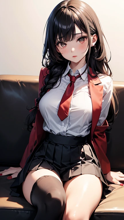 (Long black straight hair)、 (extra detailed face、extremely detailed eye、Sexy Beauties、二重まぶた、Red glasses、Very embarrassing、sluttish、Thick lip)、 (take off formal white shirt:1.3)、(showing off red sexy bra:1.4) (black tight mini pleated skirt:1.3)、(Skirt lift:1.3)、(showing off red sexy panties:1.3)、(Cameltoe:1.1) 、(Black garter belt:1.4)、(Black thigh socks:1.4)、 ((Medium chest:1.3)、Glamorous、Slim waist、big butts、(zettai ryouiki:1.3)) (５Fingered hand、Beautiful woman with perfect figure、high detailed skin texture)、 (ultra close up:1.3)、(Focus on the crotch)、(From the top:1.2)、 (Full body posture)、(Lie on the bed and spread your legs:2.0)、(Put your hand on your crotch:1.3)、(Many colorful flowers bloom in the background:1.3)、 (top-quality、8K、​masterpiece)、(Centered、scale to fit the dimensions、thirds rule)、 (NSFW:1.2)