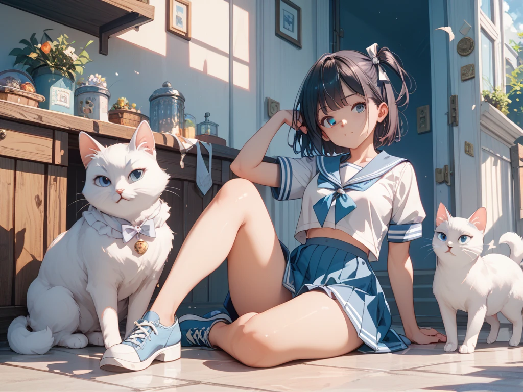 Masterpiece, top quality, high resolution background, bright and beautiful atmosphere, 3 girls (2 years old, 1 short-tempered round face), 1 (hair, surface effects), small breasts, a girl sitting in the middle of a very long staircase , many mini pigs at the bottom of the stairs, a tennis ball falling down the stairs, a girl wearing tennis clothes on the stairs, "deltamon_sdXL :0.73) >Deltamon",(((nsfw))),