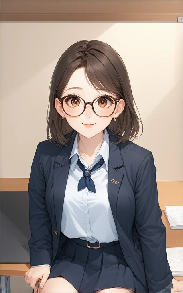 1girl, seductive eyes, braces, glasses, smiling, cute, face focus, blue eyes, blush, brown hair, best quality, masterpiece, highres