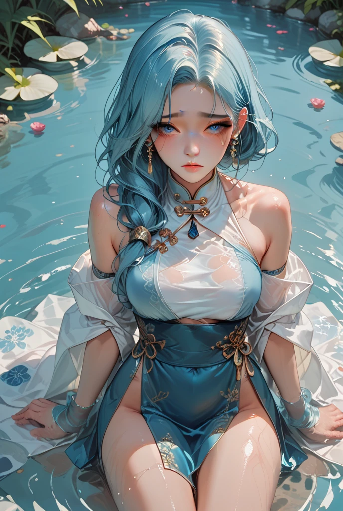 pov crotch,dakimakura,east asian architecture,(blue_hair),blue_hair,((sad)),(((hanfu))),(((((no_bra))))),(((wet clothes))),(((((no underwear))))),(((((cleavage))))),(((((papilla))))),(((((unbuttoned clothes))))),(((((puffy areolae))))),(((((cameltoe))))),