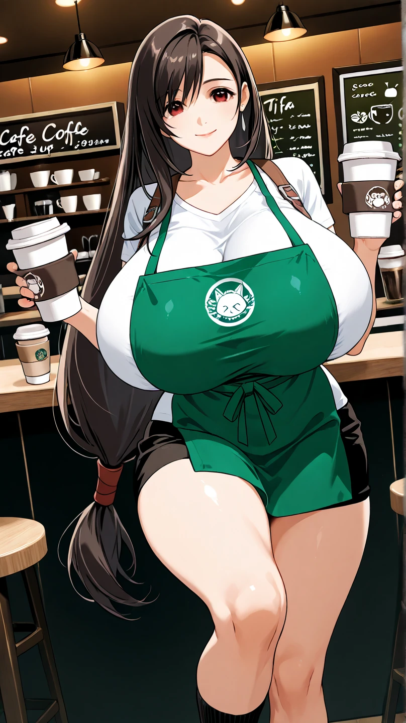 futanari, much bigger penis, starbucks, in cafe, election, hold a cup of coffee, cafe uniform, undrboob, naked