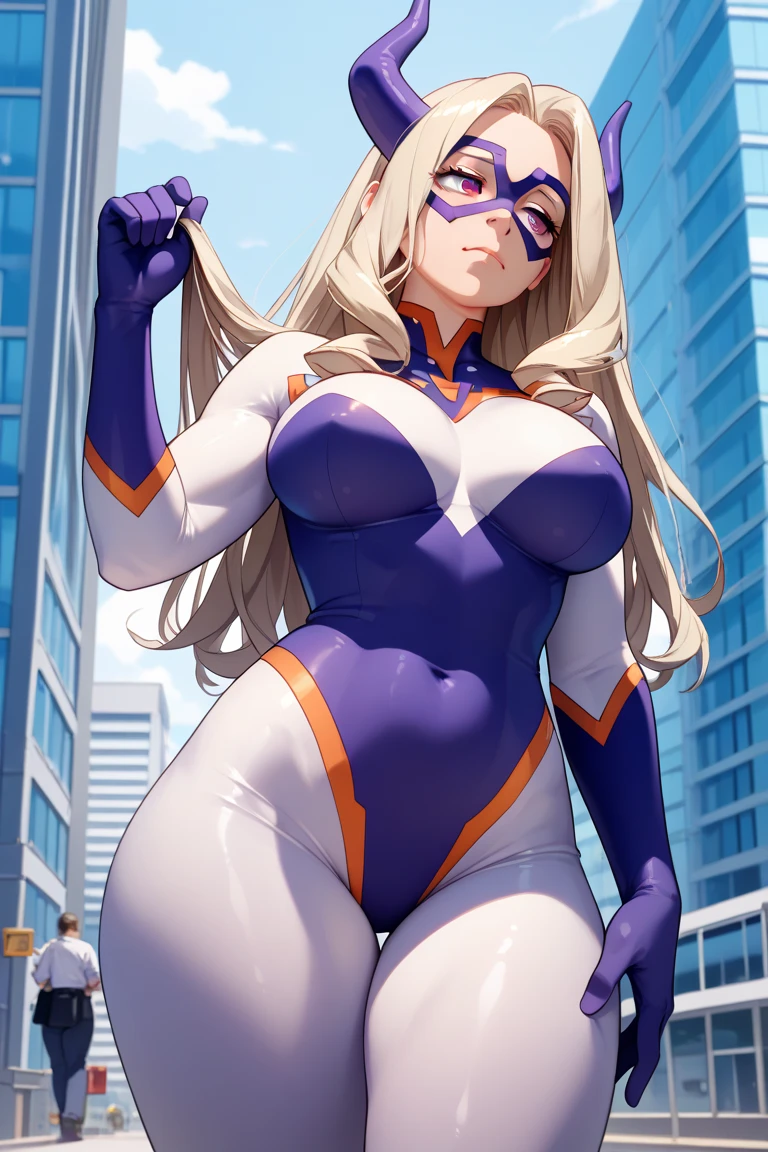 anime artwork, score_9, score_8_up, score_7_up, score_6_up, score_5_up, score_4_up, Mount Lady, blonde hair, purple eyes, big breasts, she is 24 years old, style_3, ,,, , , ,floox style , _, standing, ,sky, sun, clouds,