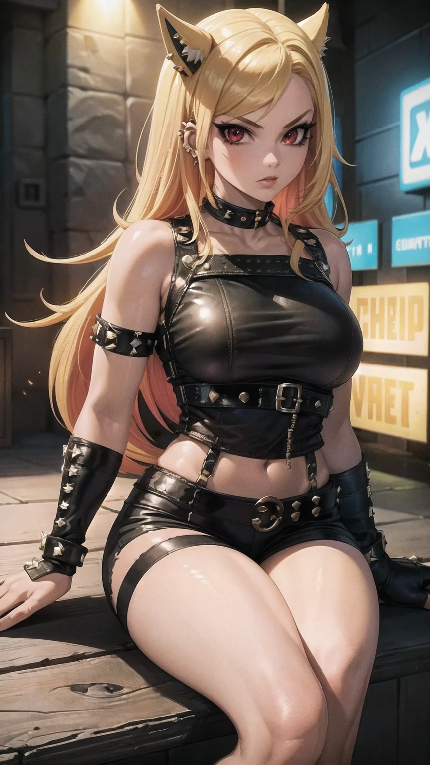 Arafed swedish woman as biker wearing a tattered outfit, with her back to the camera, posing for a picture, cinematic goddess body shot, sexy body, realistically shaded perfect body, blonde hair with pigtails, photorealistic perfect body, unreal engine rendering + a goddess, goddess. extremely high details, beautiful goddess, photorealistic anime girl rendering, beautiful female body, perfectly shaded body, sexy hot body, cleavage, moist skin, tan, medium breasts, complicated, naughty, seductive look, biting her lips, piercing, trending on artstation, slim waist, narrow hips, slim body, hourglass body, laced collar, belly chain, looking back over her shoulder, hazel eyes, freckles, festival look, side boob, under boob